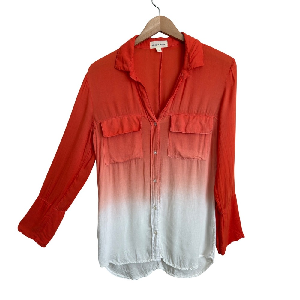 Cloth & Stone Ombre Dip Dye Button Down Shirt Orange White Rayon Small High Low